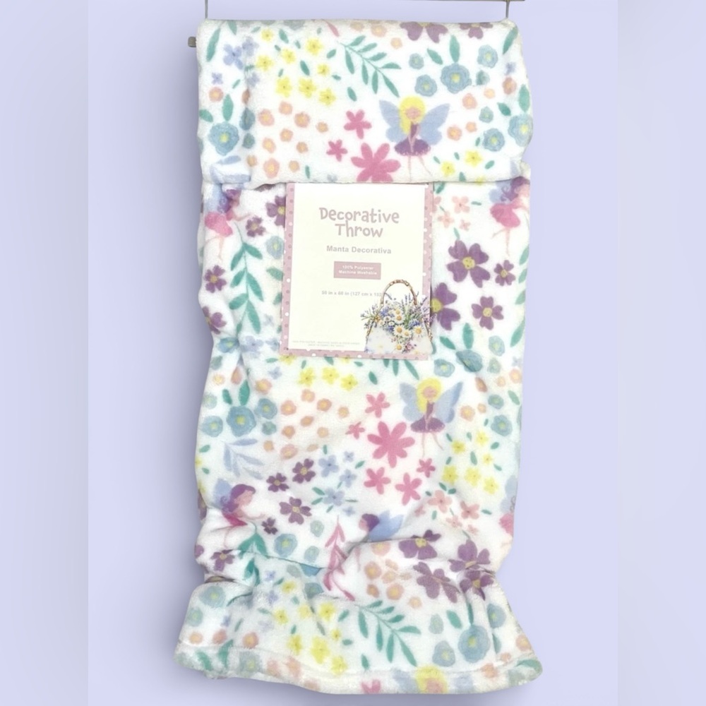 Fairies & Flowers White w/Multi-Color Plush Throw Blanket 50x60 Fairy Floral NWT